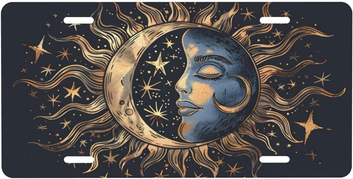 Sun Moon Face License Plate Funny Aluminum Front License Plates Decorative Waterproof Rust-Free Metal Car Plate Covers for Women Men Car Tag Accessories fit Truck SUV Rv 12 X 6 Inch