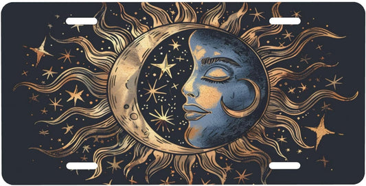 Sun Moon Face License Plate Funny Aluminum Front License Plates Decorative Waterproof Rust-Free Metal Car Plate Covers for Women Men Car Tag Accessories fit Truck SUV Rv 12 X 6 Inch