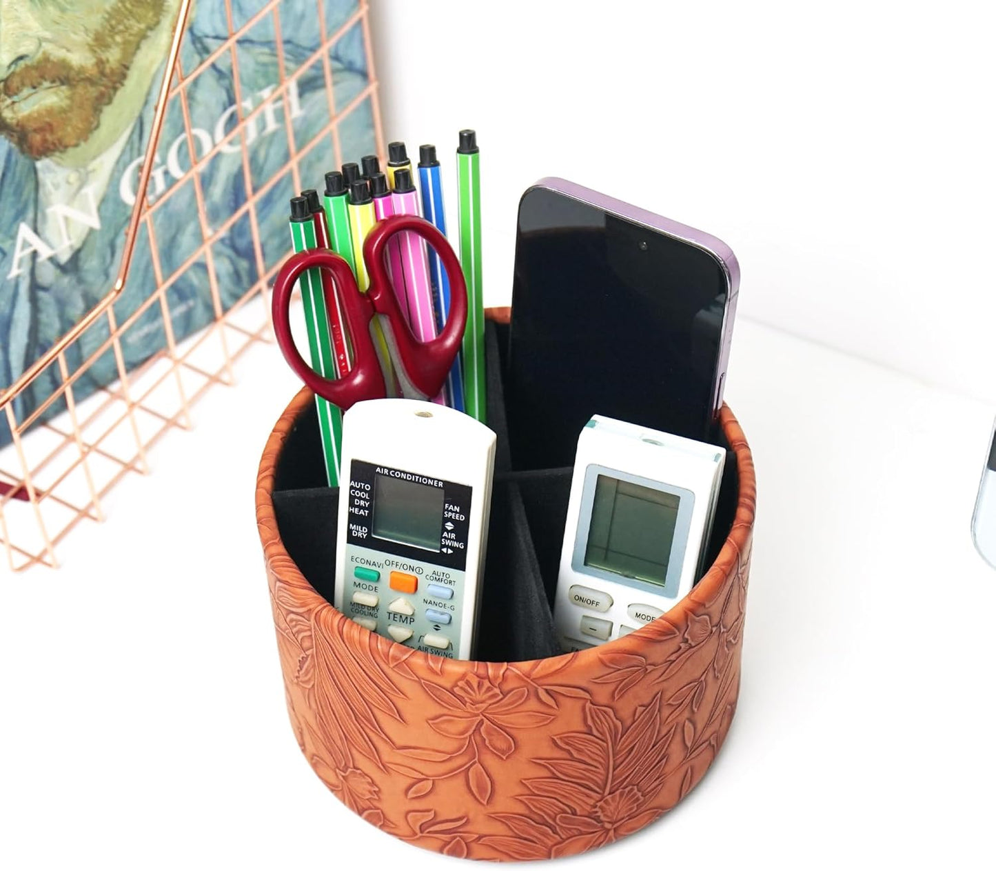 Hennaja Round Leather Art Supply Organizer,Remote Control Holder,360 Degree Spinning,Multi-Functional Pencil Holder,4 Compartments Desktop Stationary Organizer(1-Carved Brown)