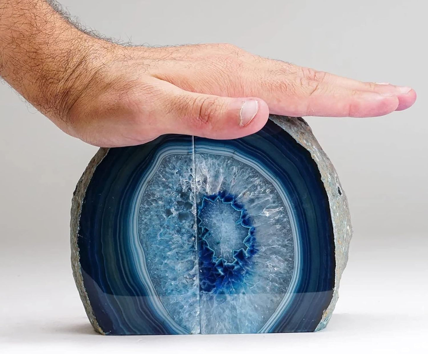 AMOYSTONE Blue Agate Stone Bookends, Decorative Book Holder for Office and Home Shelves, 3-4 LBS Stylish and Functional Bookends,with Rubber Bumpers