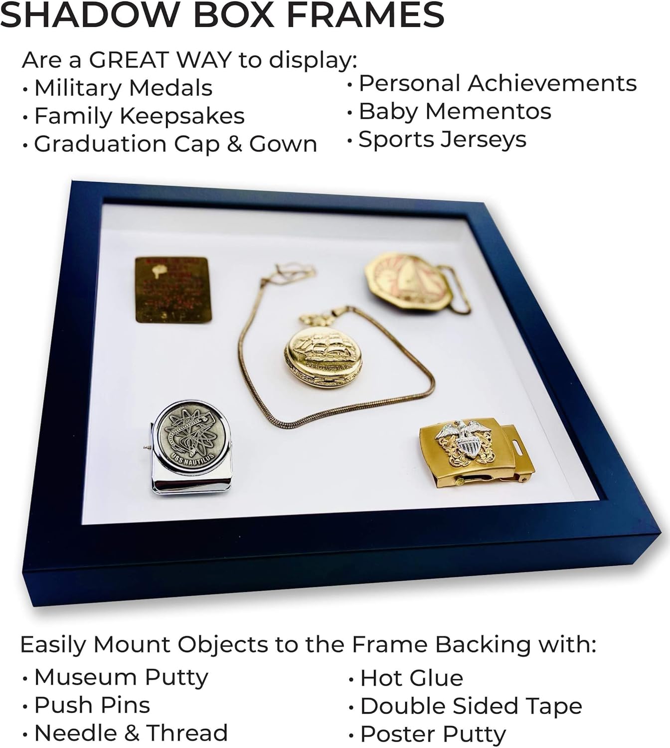 11.25x24 Shadow Box Black Solid Wood Display Frame with White Acid-Free Backing UV Acrylic & Hanging Hardware - with 3/4" Usable Depth