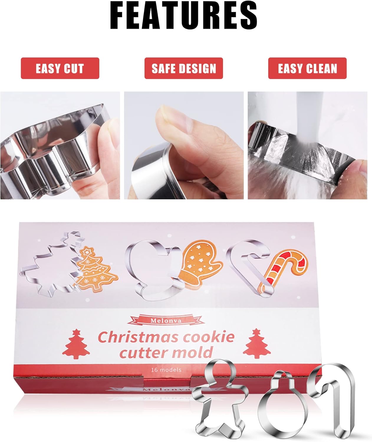 16 Pcs Christmas Cookie Cutters Winter Set with Decorating Instructions Stainless Steel Gingerbread Man Tree Snowflake Candy Cane Santa Snowman And More