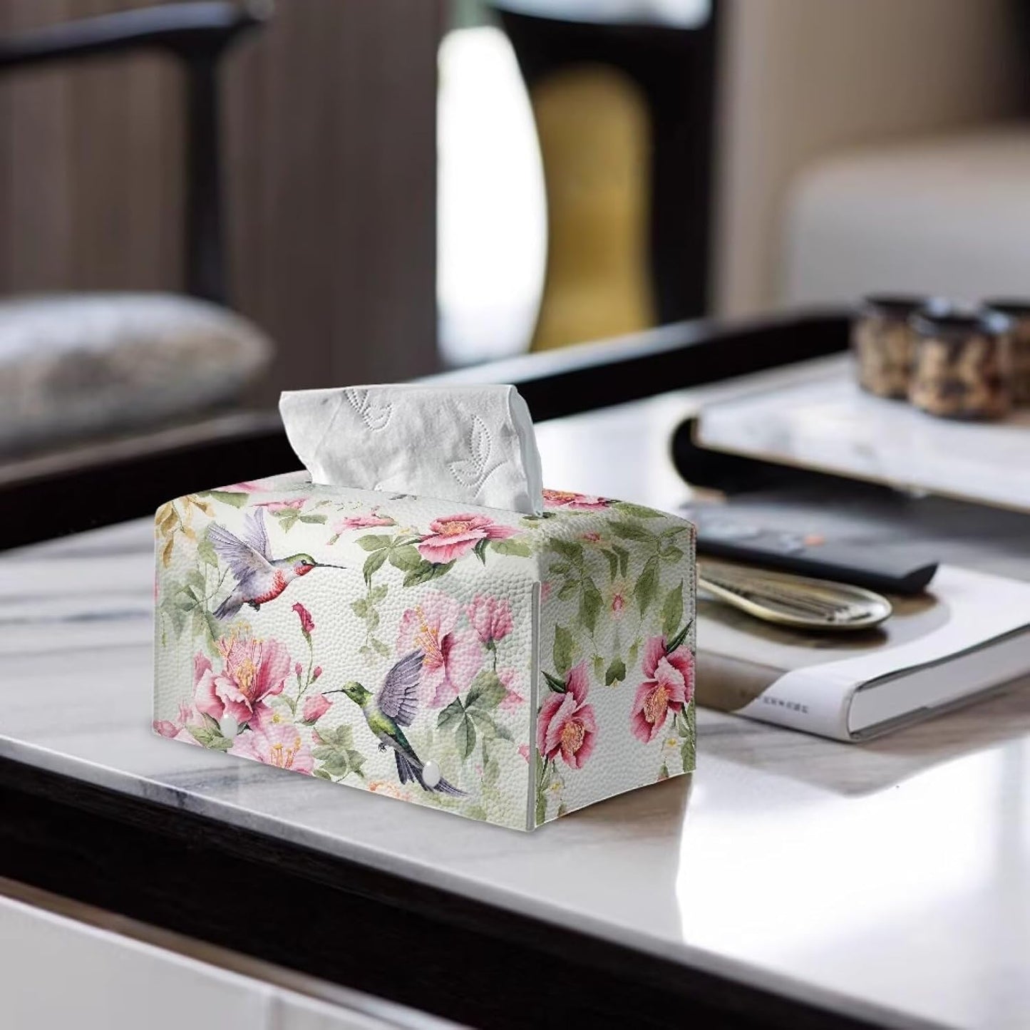 Leather Tissue Box Cover Floral Hummingbird PU Leather Tissue Cover Decorative Organizer Portable for Travel Tissue Box with Bottom Belt for Tabletop，Countertop，Night Stands