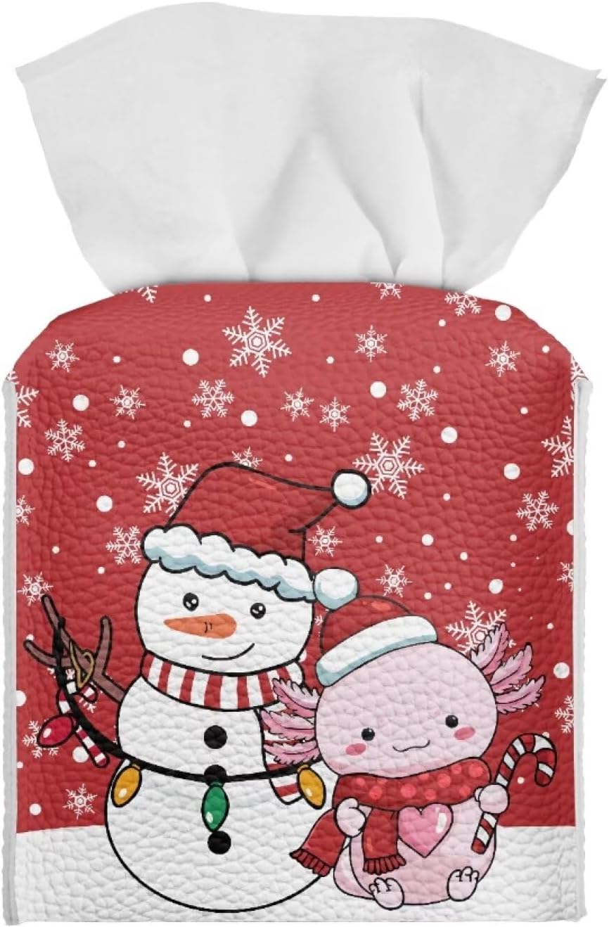 Red Christmas Tissue Box Cover PU Leather Tissue Box Holder with Snowman & Axolotl Pattern 5x5x5 inch Waterproof Protective Cover for Home Car Office Hotel Decor