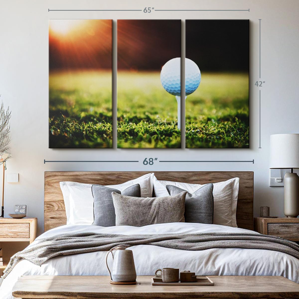 ElephantStock Golf Ball Tee Wall Art - Horizontal Canvas - 3-Piece Living Room Wall Decor - Photography Photographic Canvas Print - Black and White Decor for Wall - 65" X 42"