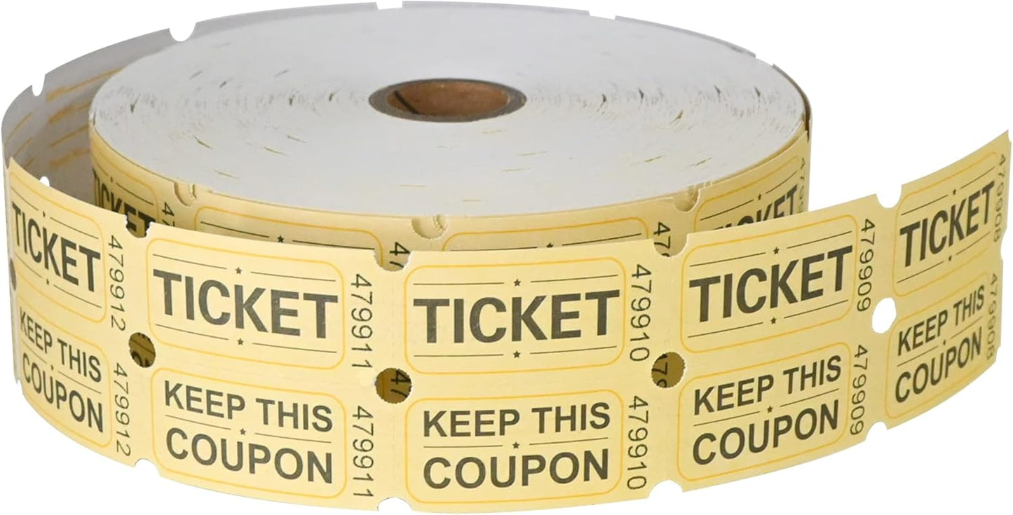 ESSENTIAL 2000 Yellow Double Raffle Tickets Rolls Printable for Leisure, Movie Watching, Entertainment