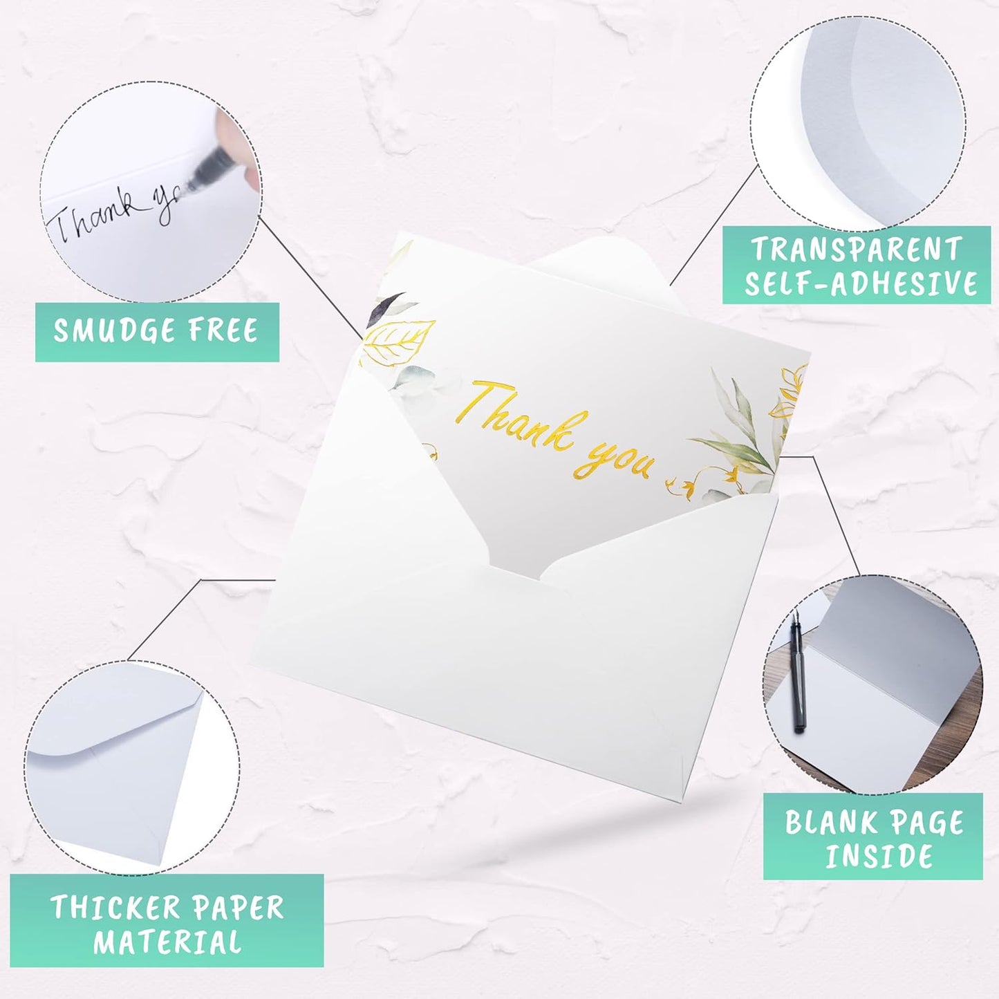 100 Bulk Thank You Cards with Envelopes White and Greenery Gold Foil – Floral watercolor Cards Thank You Notes with Envelopes and Eucalyptus leaves for Wedding Bridal Baby Shower Graduation Fune