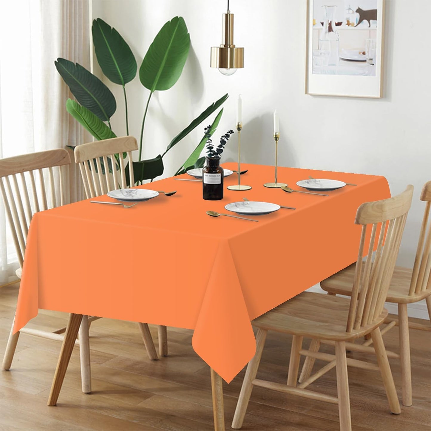 QIKSION Plastic Table Cloth Disposable 2 Pack, 54 x 108 Inch Tablecloths for Rectangle Tables, Orange Plastic Table Cover