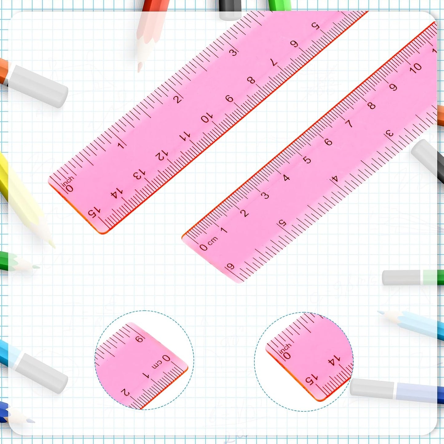 Ruler 6 Inch, 3 Pack Ruler Set Plastic Straight Ruler Transparent Measuring Tool Acrylic Clear Ruler for School Office Student（Red）