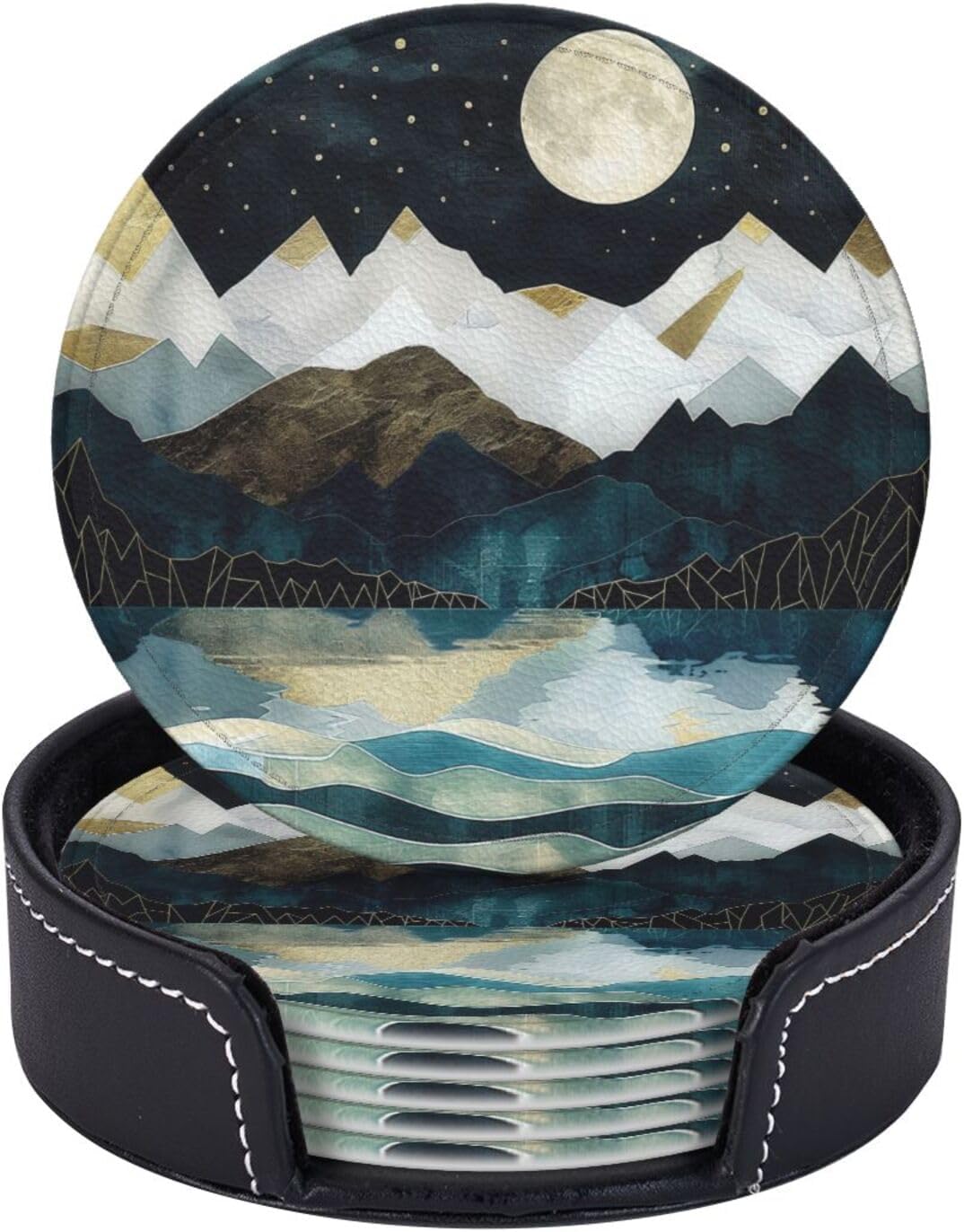 Mountain Sunset Leather Drinks Coasters with Holder Set of 6, Suitable for Kinds of Cups