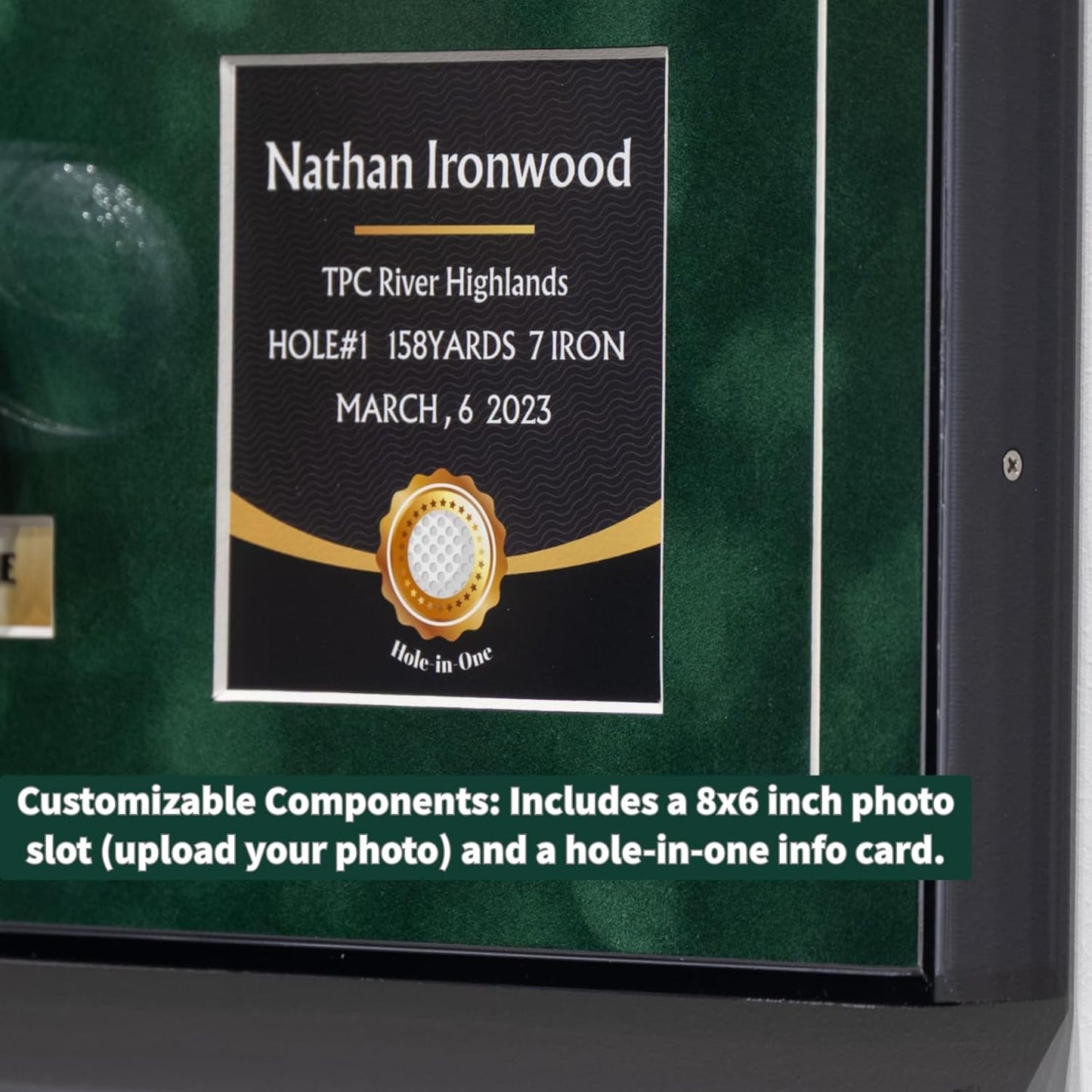 One-Shot Victory Golf Ball Display Frame – Acrylic Case with External Ball Mount, Custom Photo & Nameplate, Green Suede Mat, Elegant Golf Keepsake Gift（vertical design）