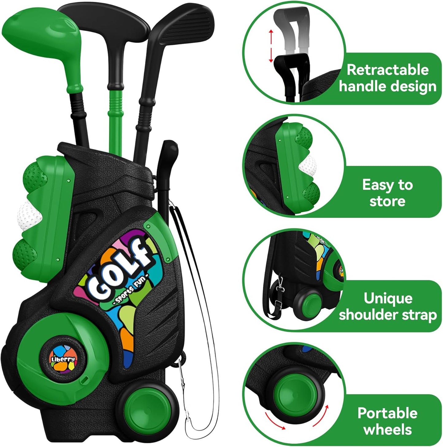 Liberry Toddler Golf Set with Putting Mat for Boys Girls Age 2 3 4, Upgraded Kids Golf Cart with Shoulder Strap Design, Outdoor Indoor Sports Toys for Birthday, Black