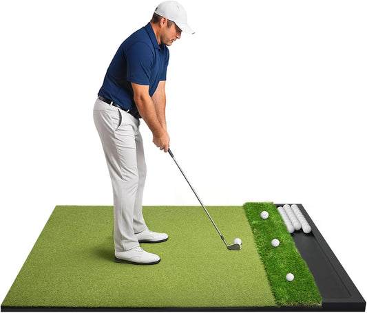 Golf Hitting Mat with Ball Tray 5x4ft - 6x4ft Dual-Turf Practice Mat for Indoor & Outdoor Use Golf Training Mat with Rubber Tee Holes, Suitable for Swing Driving & Chipping