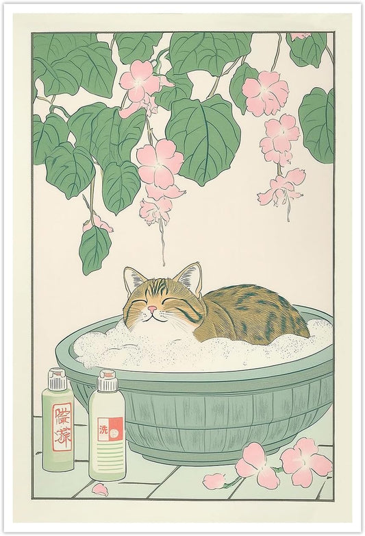 Vintage Tabby Cat in The Bathtub Posters Funny Bathroom Wall Art Cute Animal Lover Canvas Prints Japanese Aesthetic Neutral Minimalist Wall Decor for Dorm Restroom 16x24in Unframed