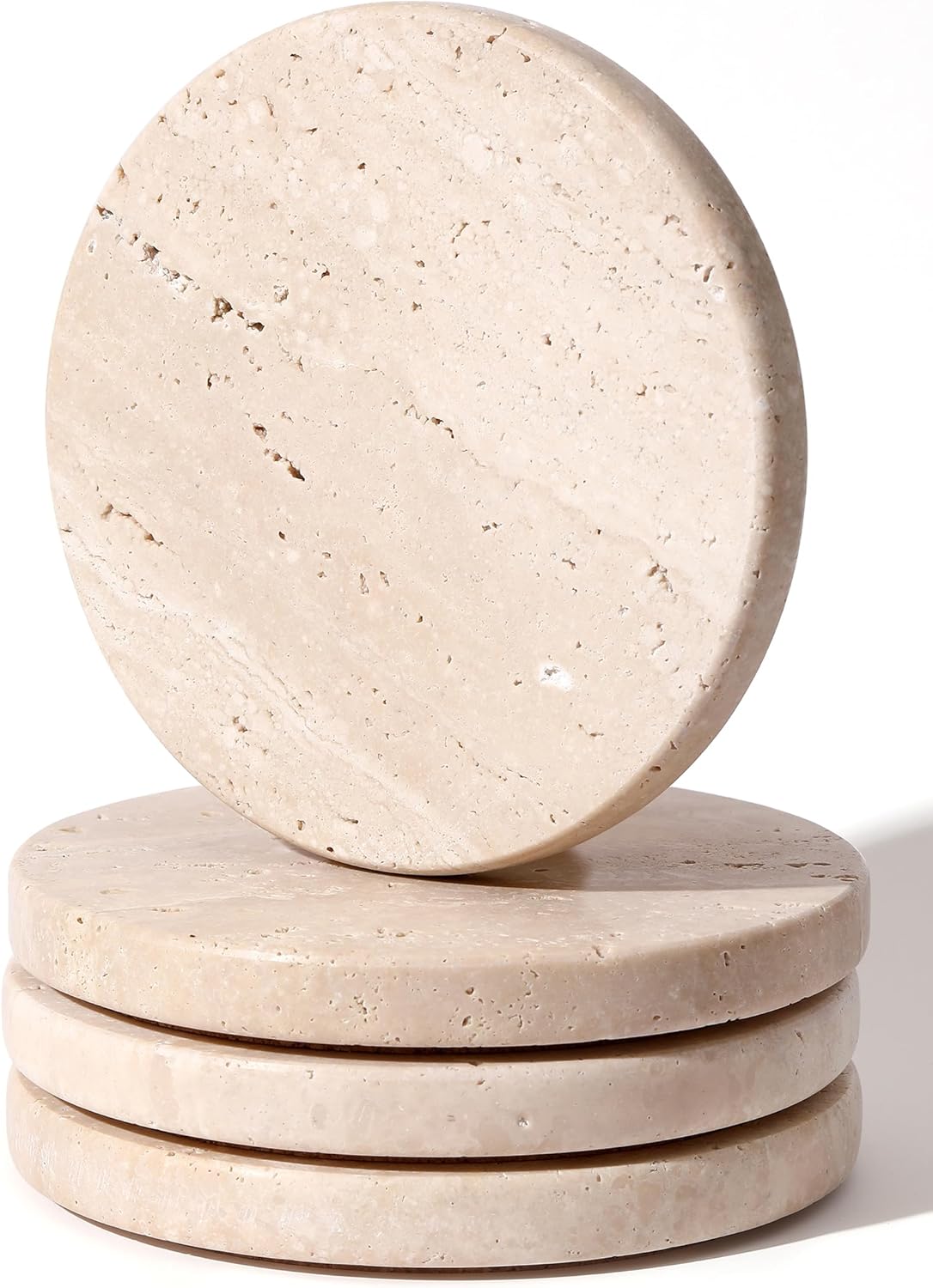 Beige Travertine Coasters Set of 4,Marble Absorbent Coasters 4 '',Ideal for Housewarming Gifts, Anniversaries, Office Decorations - Protects countertops - Sturdy and Durable, Beautiful and Generous