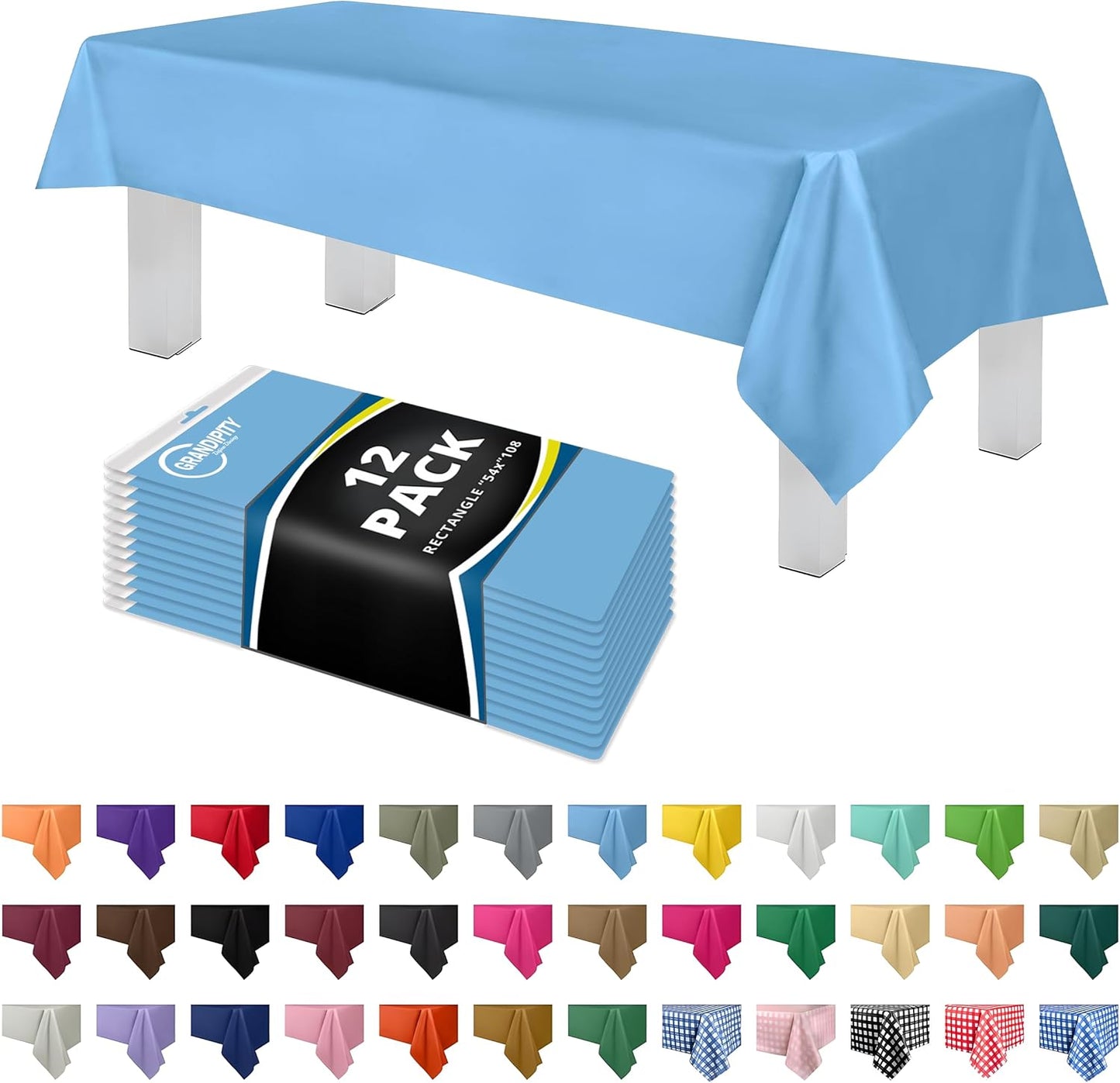 Grandipity 12 Pack Premium Disposable Plastic Tablecloth 54 Inch. x 108 Inch. Decorative Rectangle Table Cover - Sky Blue
