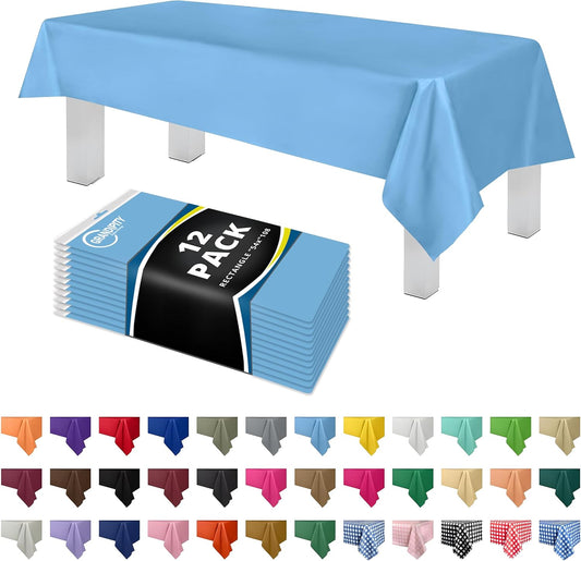 Grandipity 12 Pack Premium Disposable Plastic Tablecloth 54 Inch. x 108 Inch. Decorative Rectangle Table Cover - Sky Blue