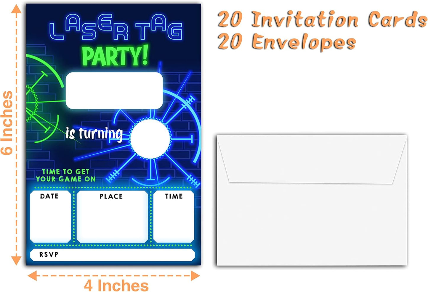 Laser Tag Invitation Neon Glow Laser Tag Birthday Party Invitations, 20-Count Birthday Party Invites With Envelopes-HBYQK-B04