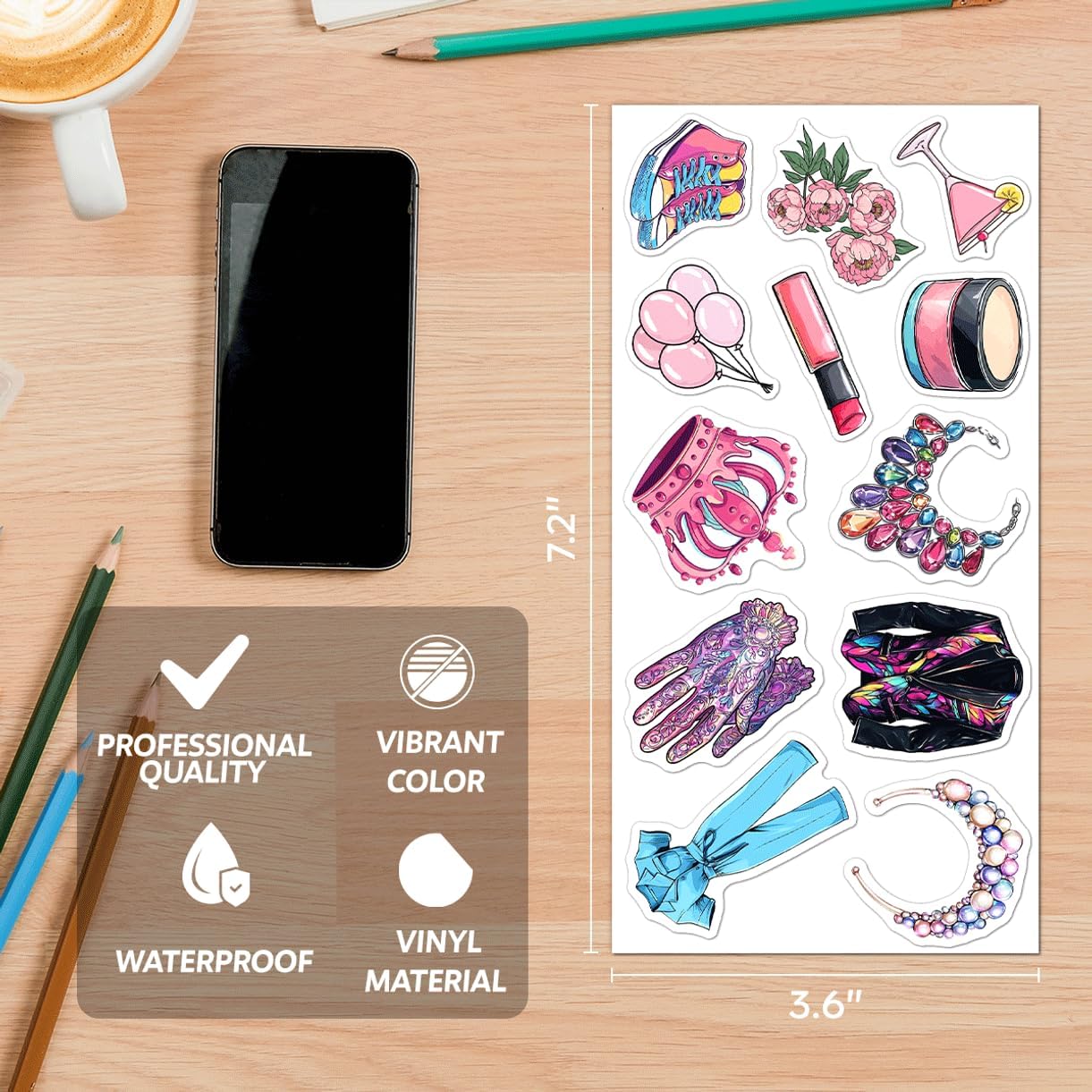 108Pcs Beauty Fashion Makeup Stickers for Girls and Women Vinyl Waterproof Decals Laptop Phone Scrapbook Journal Cute Cosmetic Accessory Themed Sticker Pack Skateboard