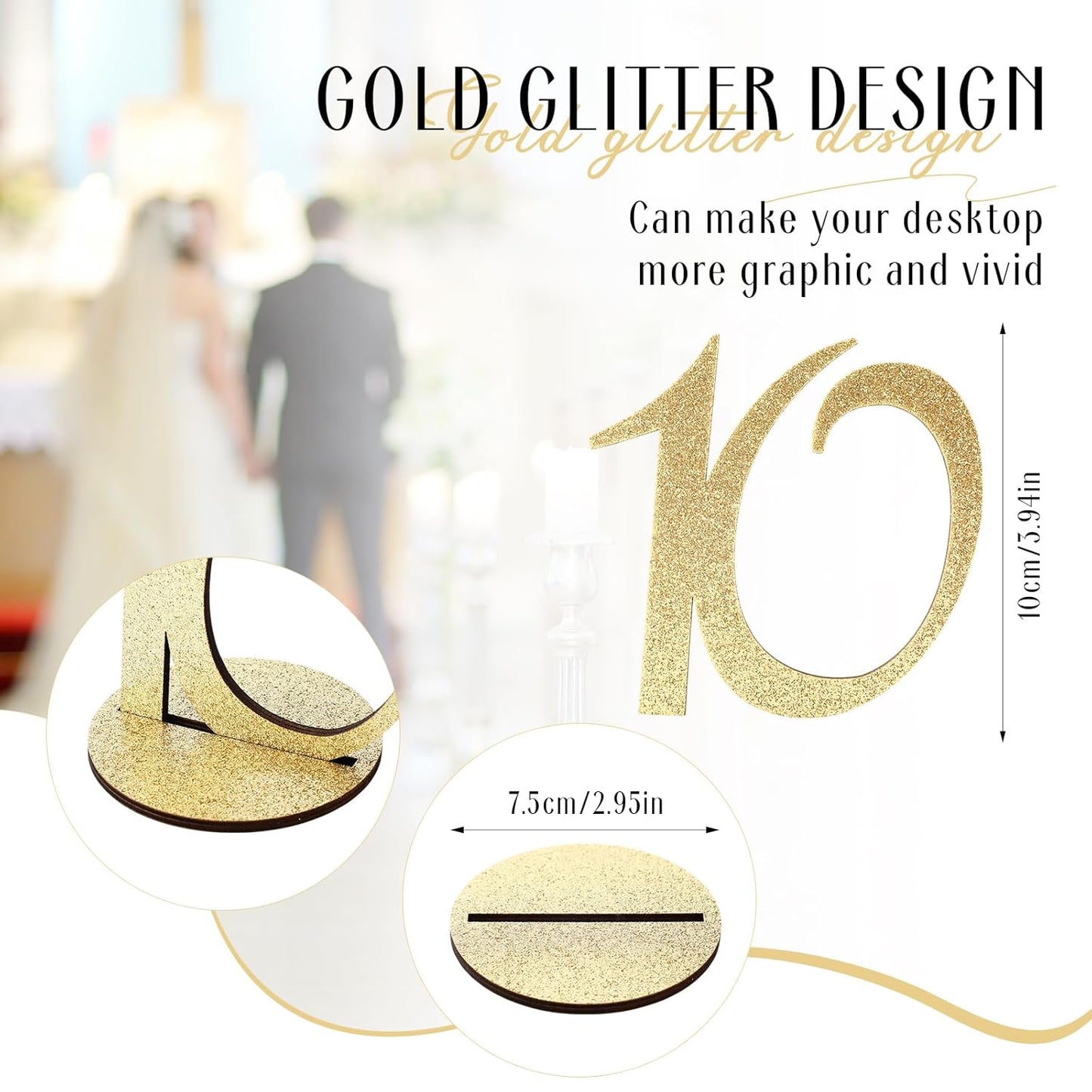 Glitter Table Numbers 1-25 Wooden Table Numbers for Wedding Reception Standing Seat Place Cards with Holder Base for Wedding Party Event Catering Receptions Banquets(Gold)