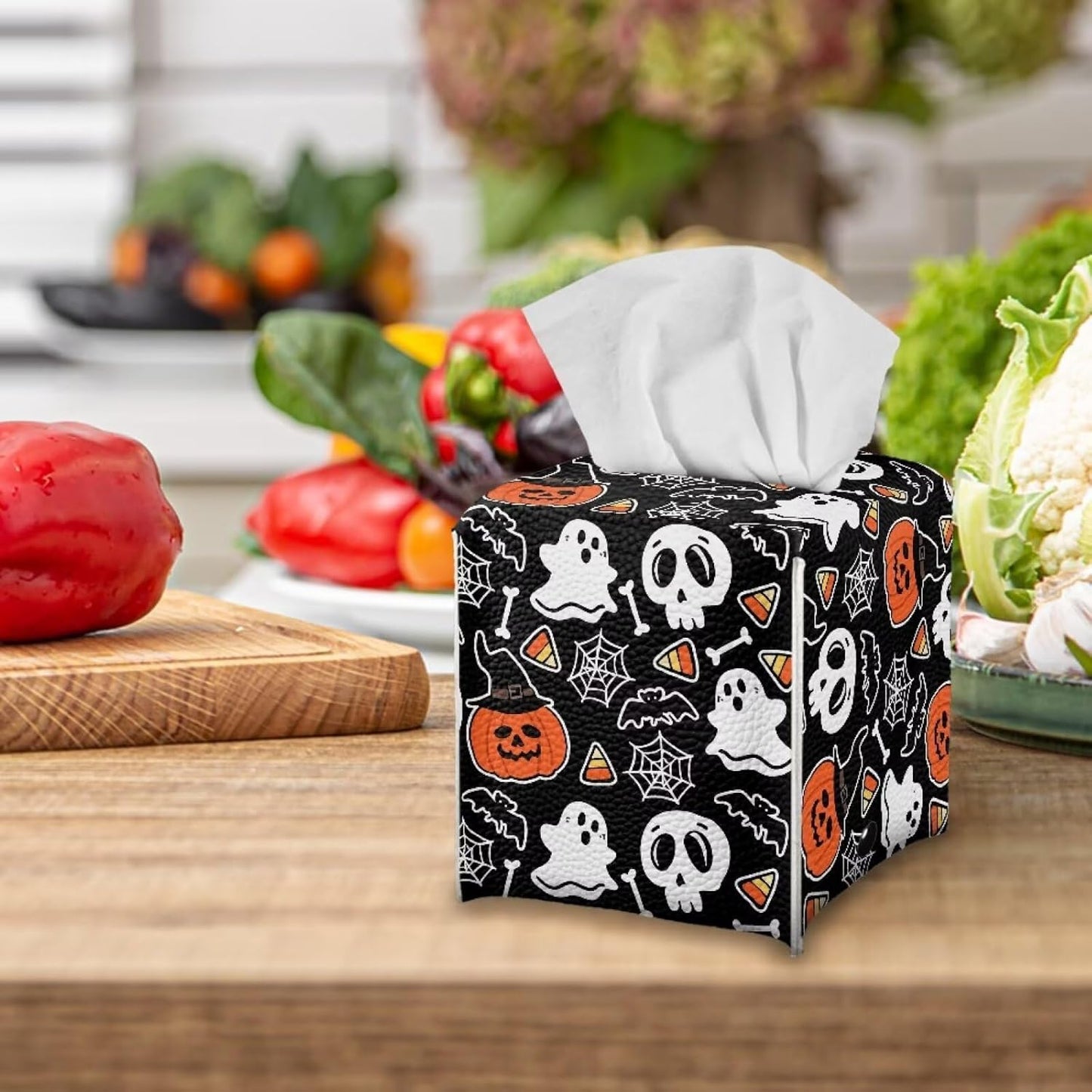 Ghost Skull Tissue Box Cover Halloween Tissue Box Facial Paper Square 5x5x5 inch Holder Organizer Modern Home Office Bedroom Car Bathroom Decor