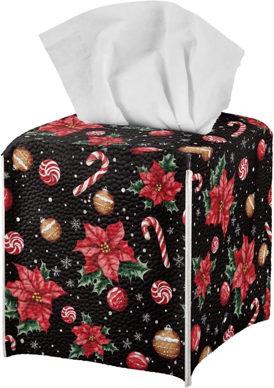 Christmas Tissue Box Cover Poinsettia Tissue Paper Box Leather Waterproof Napkin Dispenser Organizer Holder Holiday Home Facial Paper Dispenser for Office Bedroom Car