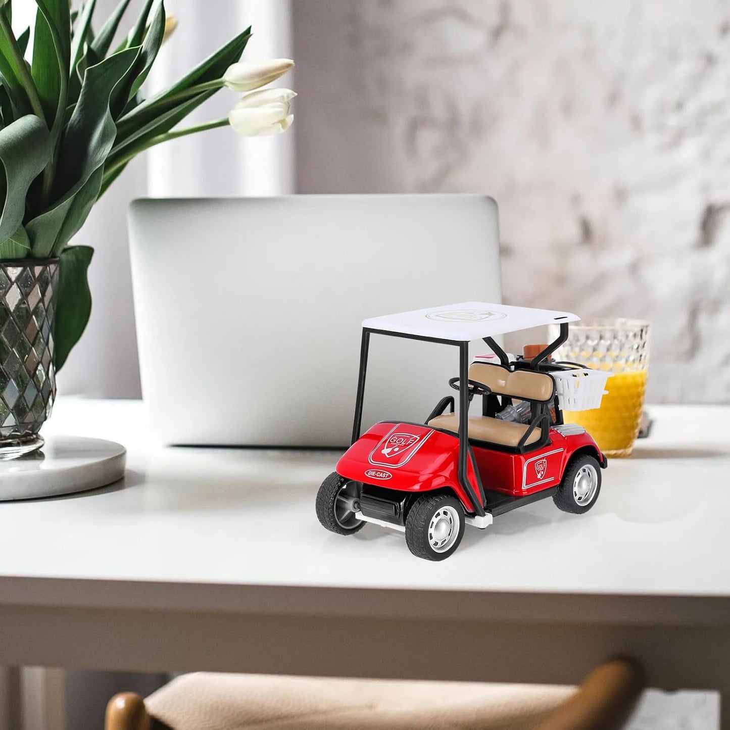 Golf Decor for Golf Party, Miniature Golf Cart Model with Accessories, Red and White, Die-Cast Collectible Golf Cart Decoration
