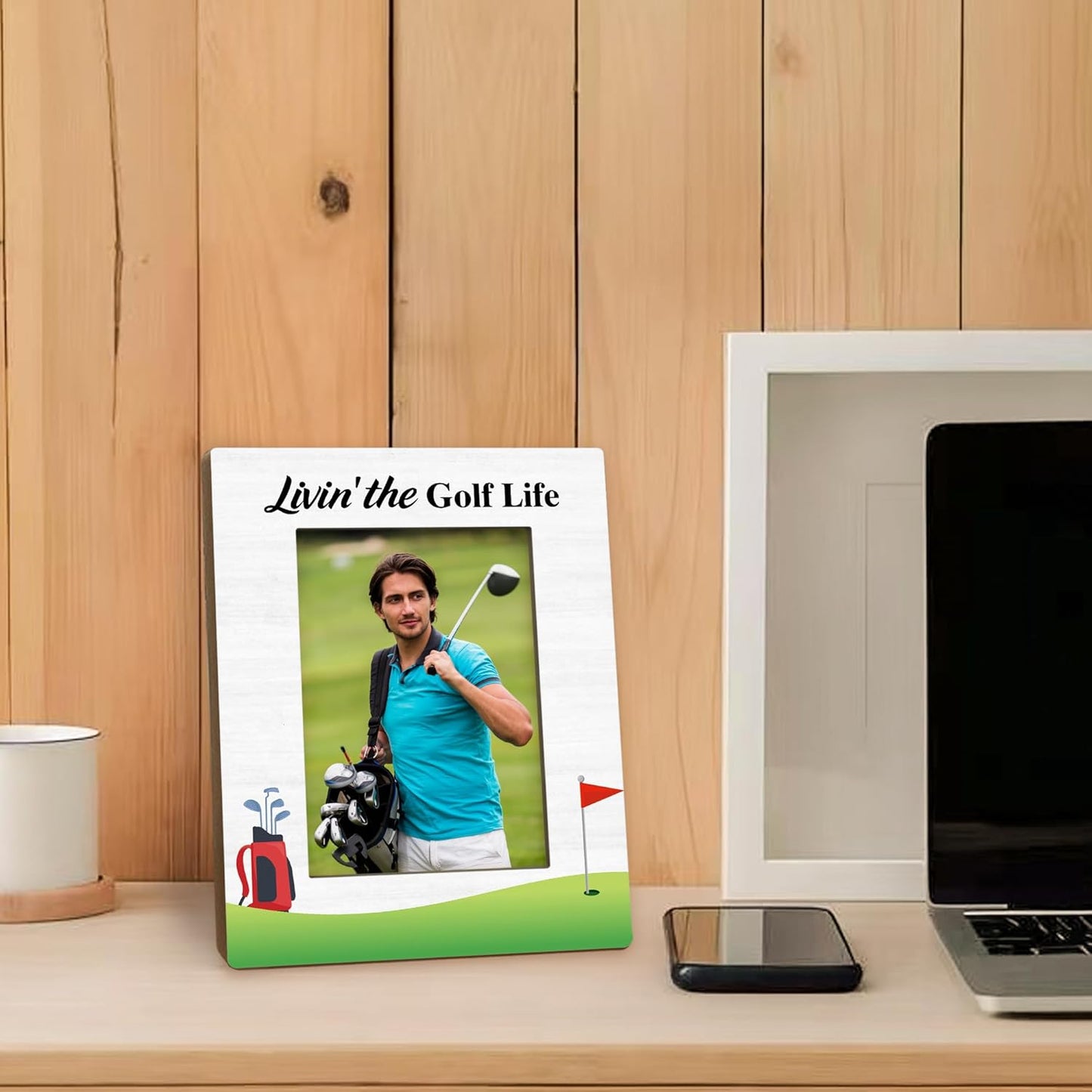 Golf Gifts Picture Frame 5x7, Gifts for Golfers Photo Frame, GolfGifts for Golfers Friends Women Men Dad, Livin'The Golf Life Holiday Wooden Picture Photo Frames for Desk Home Room Decor