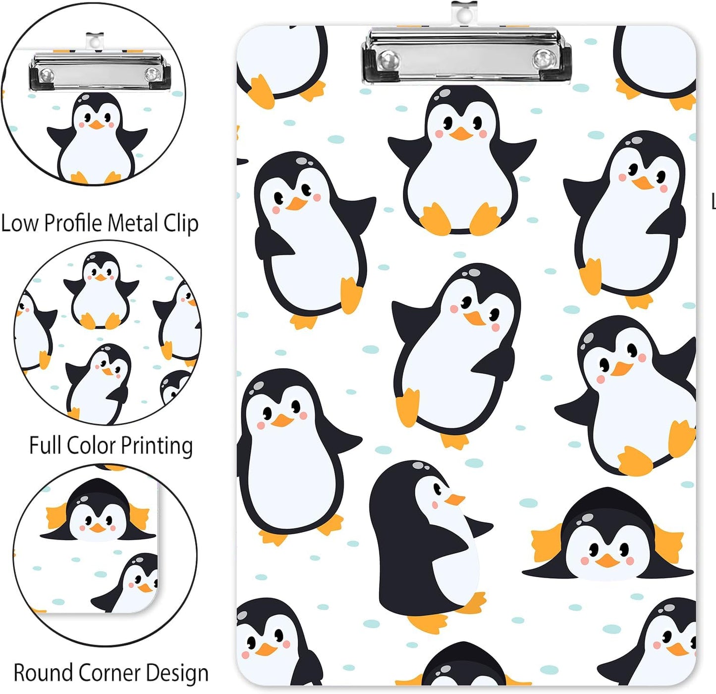 Fashion A4 Clipboard, Standard Letter Size 9" x 12.5", Decorative Wooden Clipboard with Low Profile Metal Clip for Office, School, Teachers, and Students, Cartoon Penguin