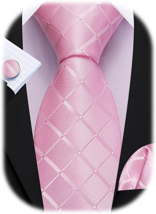 Barry.Wang Designer Classic Ties for Men Set Formal Pocket Square Cufflink Check Plaid