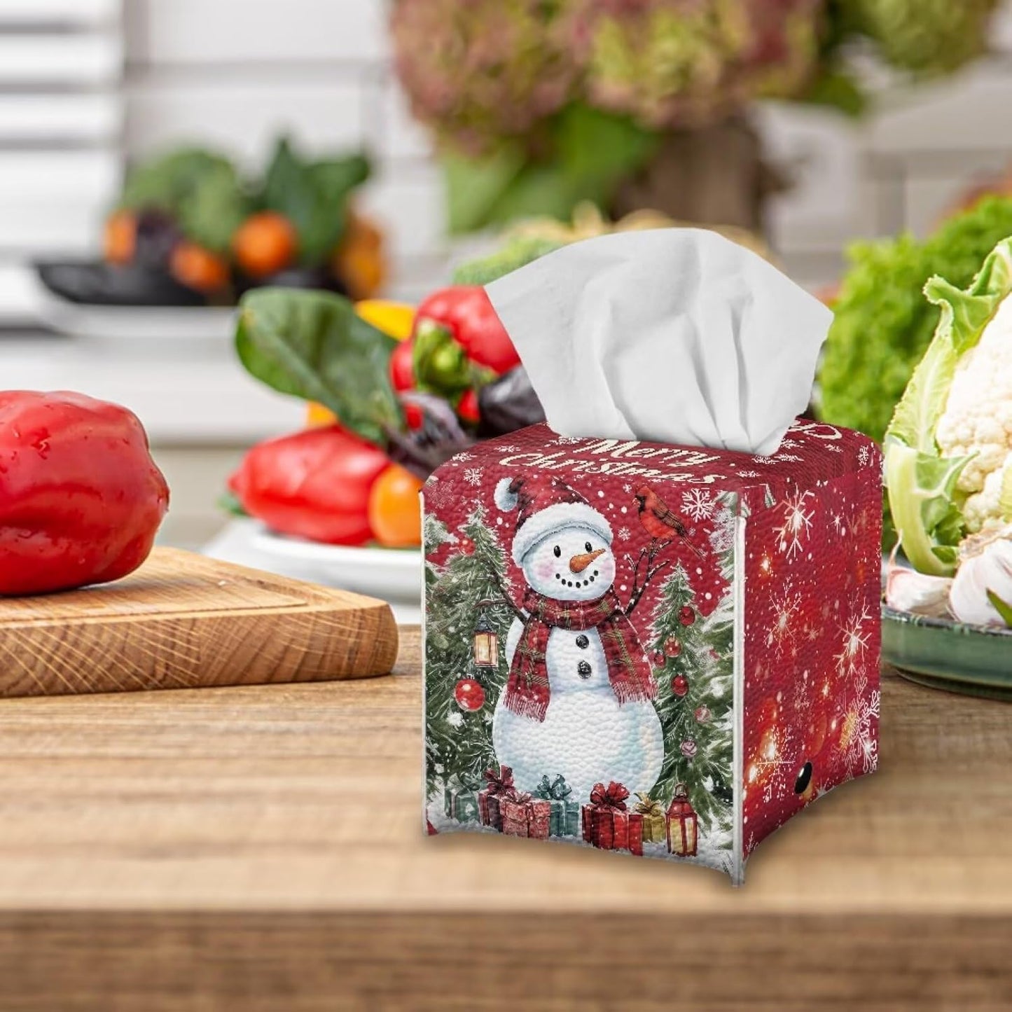 Red Tissue Box Cover Square Christmas Snowman Tissue Box Holder PU Leather Fun Tissue Box Modern Home Decor Tissue Holder for Living Room Desk Bathroom