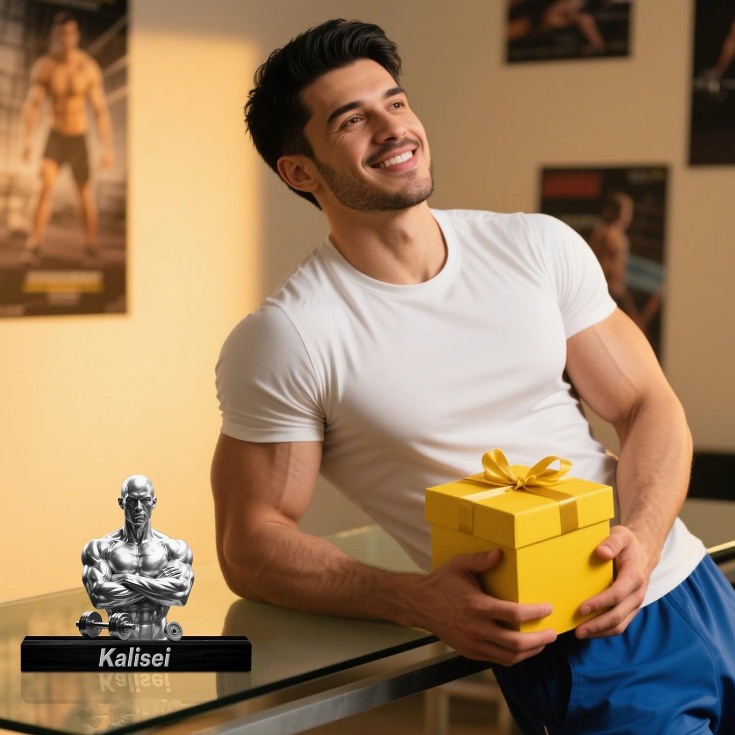 Personalized Boxing Player Ornaments for Bedroom Office Sport Room Custom Name Boxing Gloves Figurine Sign Plaque Fitness Dumbbells Athlete Acrylic Plaque Home Decor Gift for Men Women Sport Lover