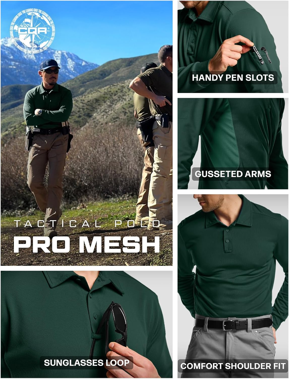 CQR Men's Polo Shirt, Long Sleeve Tactical Shirts, Outdoor UPF 50+ Pique Shirt, Dry Fit Lightweight Golf Shirts