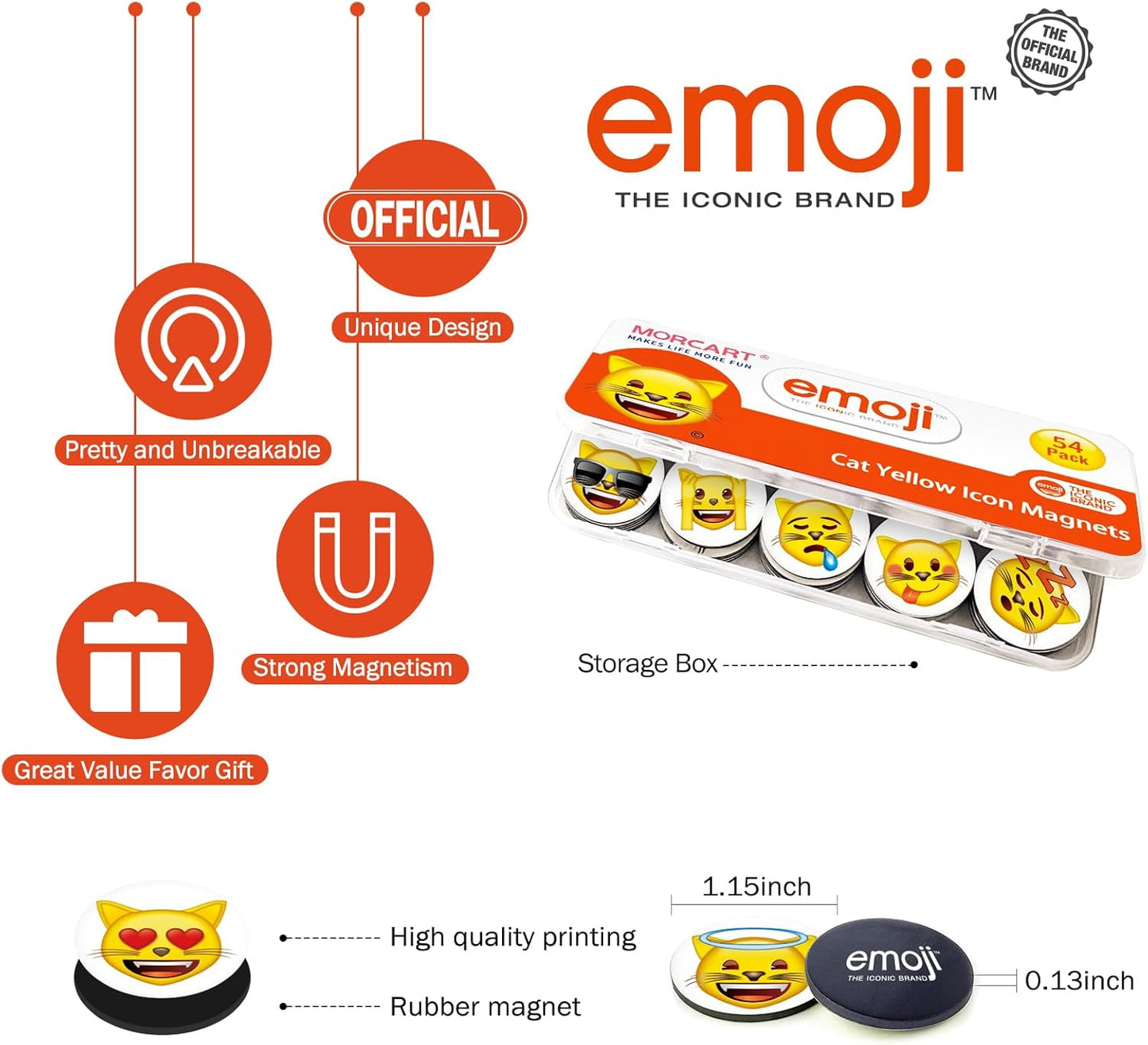 MORCART 54Pcs Emoji Fridge Magnets Cat Refrigerator Magnets for Locker Whiteboard - Cut Magnets for School Home Kitchen Office Gift for Family and Friend EM-023