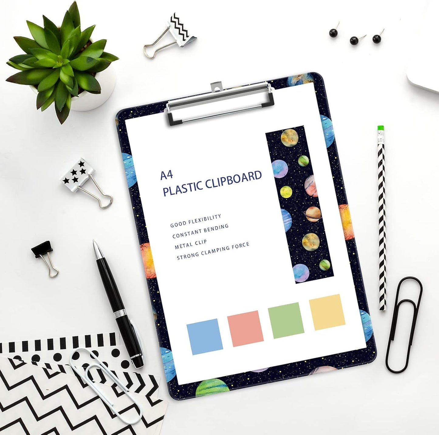 Plastic A4 Clipboards, Cute Clip Board Stardard Letter Size 9 x 12.5 in, Office Decorative for Students Women Men and Kids, Planet