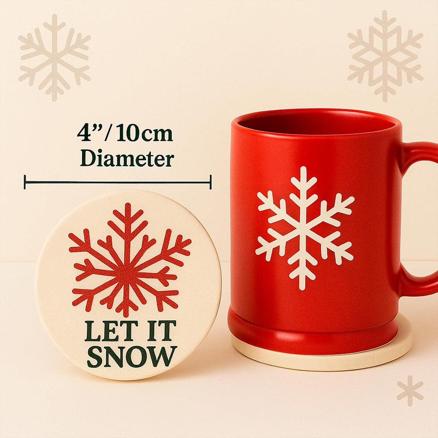 Let It Snow Christmas Coasters Set of 4,Absorbent Ceramic Drink Coasters with Non-Slip Cork Backing, Festive Red Snowflake & Holiday Phrase Design, Winter Coffee Table Protection & Gift Decor