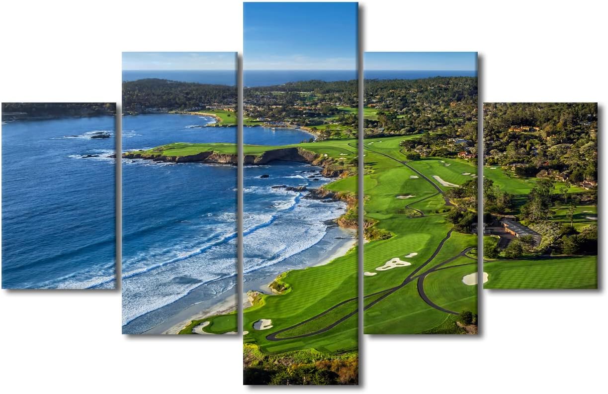 Large Modern Golf Course Wall Art Home Decor Pebble Beach Golf Course Canvas Painting for Living Room Prints and Poster HD Pictures Office Wall Decoration Stretched and Framed 5 Piece(60" W x 40" H)