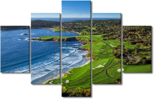 Large Modern Golf Course Wall Art Home Decor Pebble Beach Golf Course Canvas Painting for Living Room Prints and Poster HD Pictures Office Wall Decoration Stretched and Framed 5 Piece(60" W x 40" H)