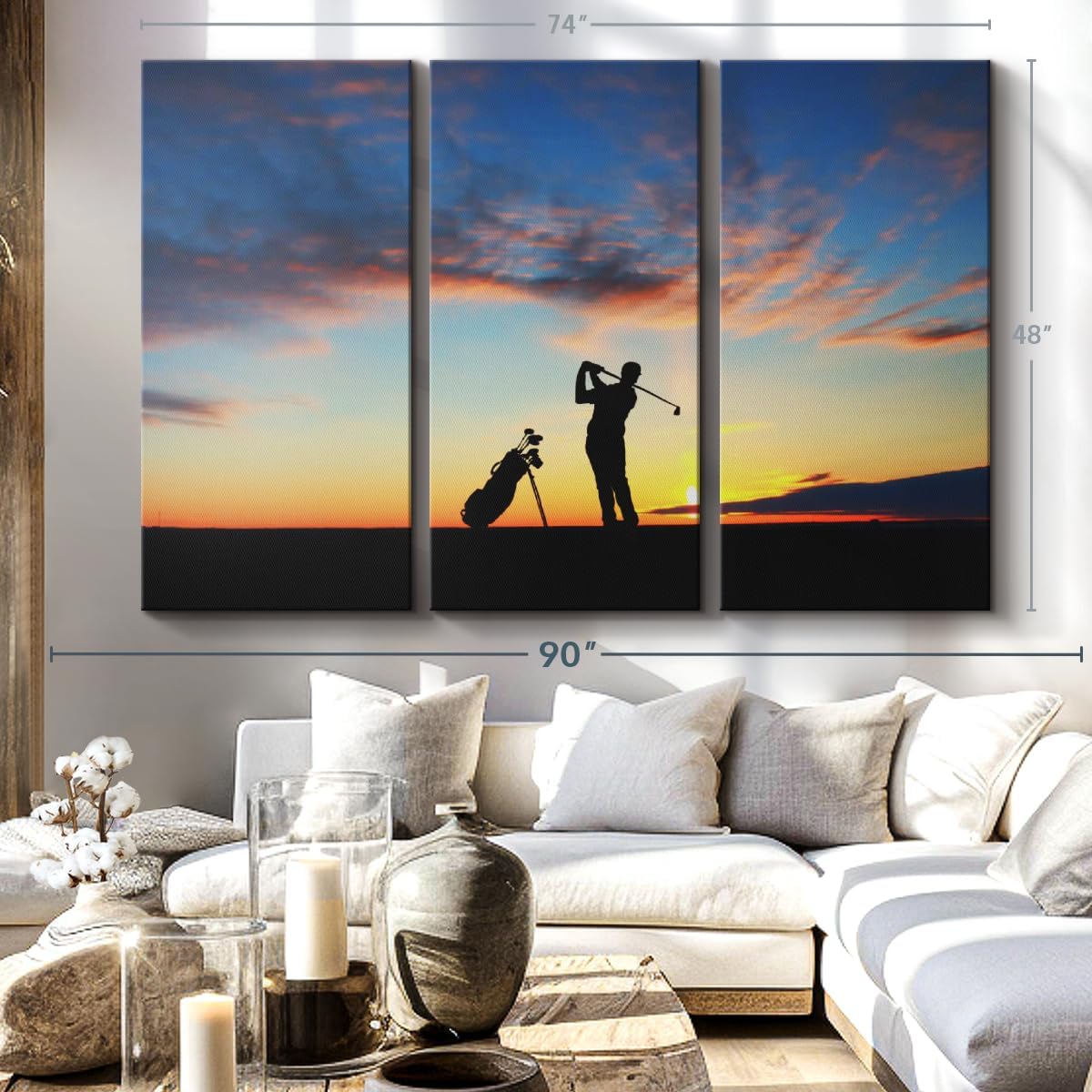 ElephantStock Golfing At Sunset Wall Art - Horizontal Canvas - 3-Piece Living Room Wall Decor - Golf Photography Canvas Print - Black and Orange Decor for Wall - 74" X 48"