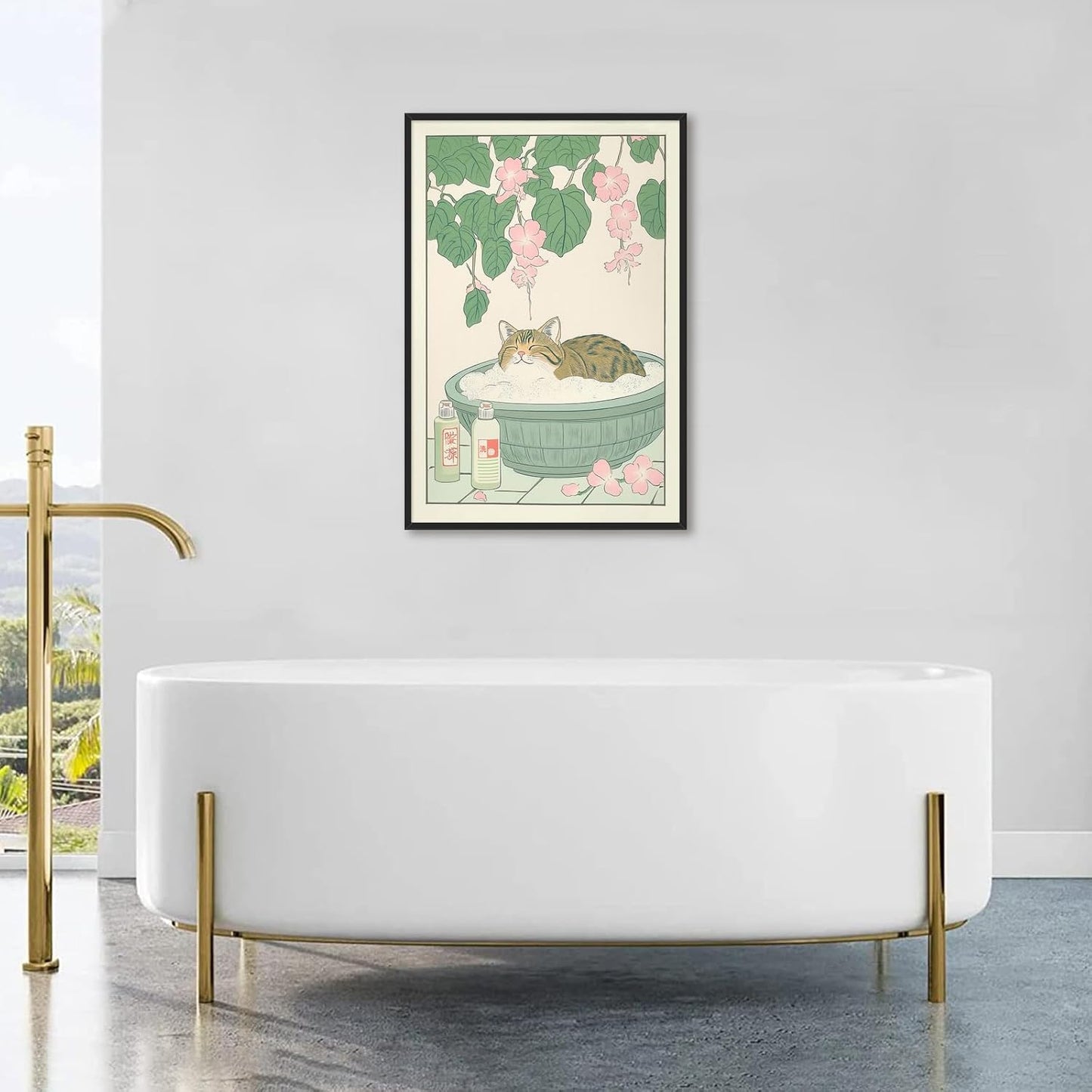 Vintage Tabby Cat in The Bathtub Posters Funny Bathroom Wall Art Cute Animal Lover Canvas Prints Japanese Aesthetic Neutral Minimalist Wall Decor for Dorm Restroom 16x24in Framed