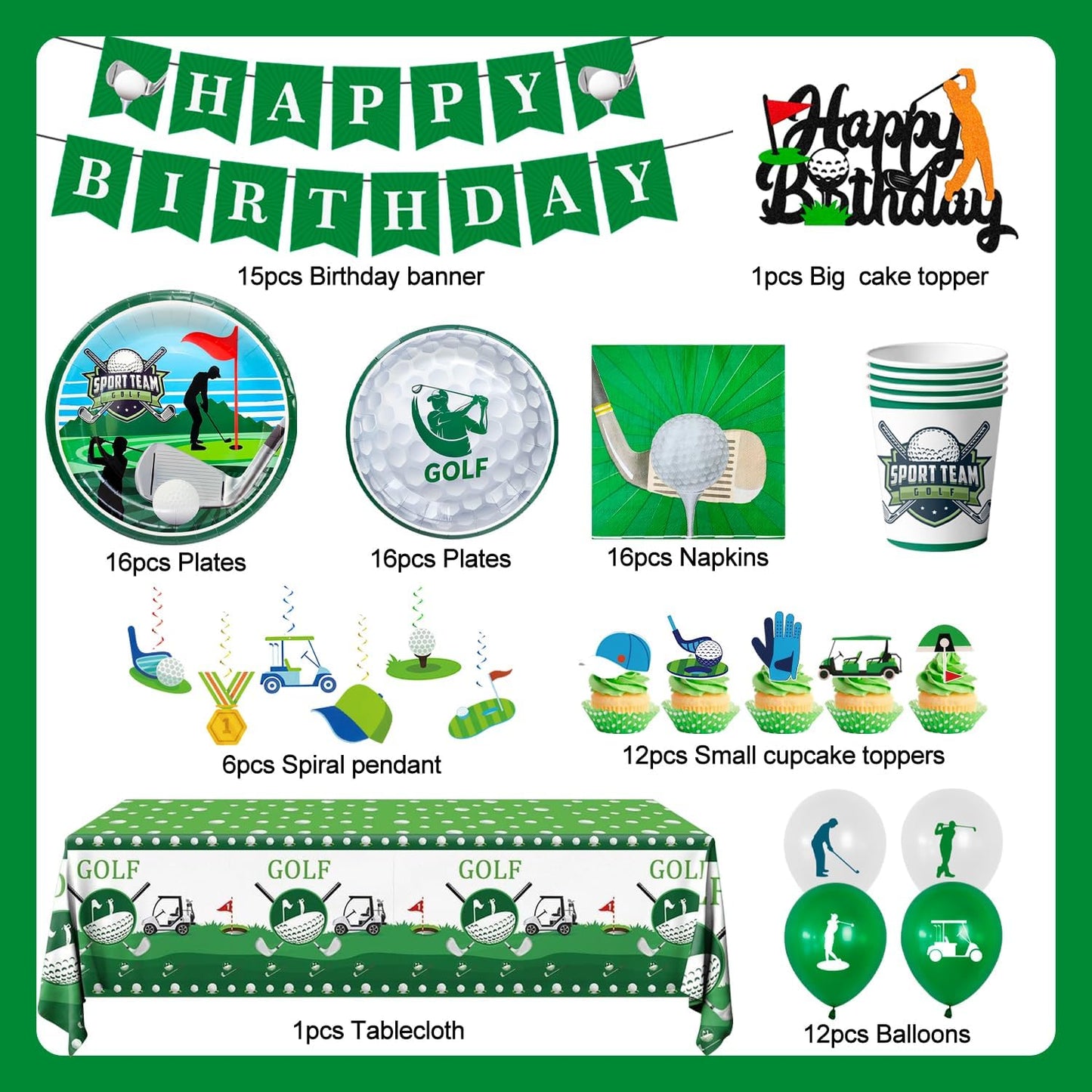 159pcs Golf Birthday Party Decorations Supplies, 16 Guests Golf Party Tableware Set Golf Birthday Banner Balloons Sport Party Plates Napkin Tablecloth etc
