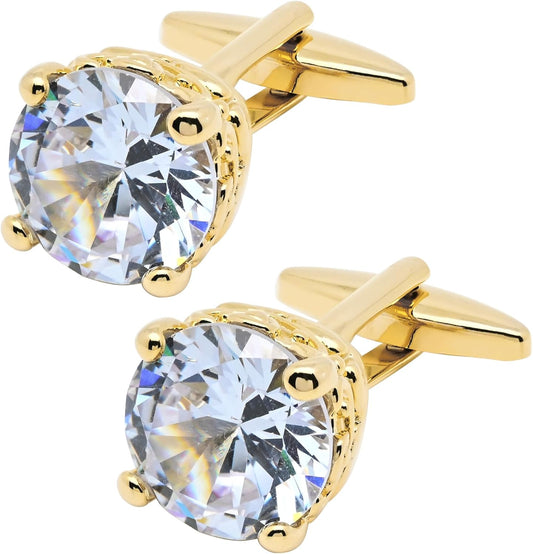 Polyhedral Zircon Gemstone Cufflinks for Men In Gift Case Round Golden/Silver Zircon Crystal Men's Cufflinks Set for Wedding Party Anniversary Business Events Dress