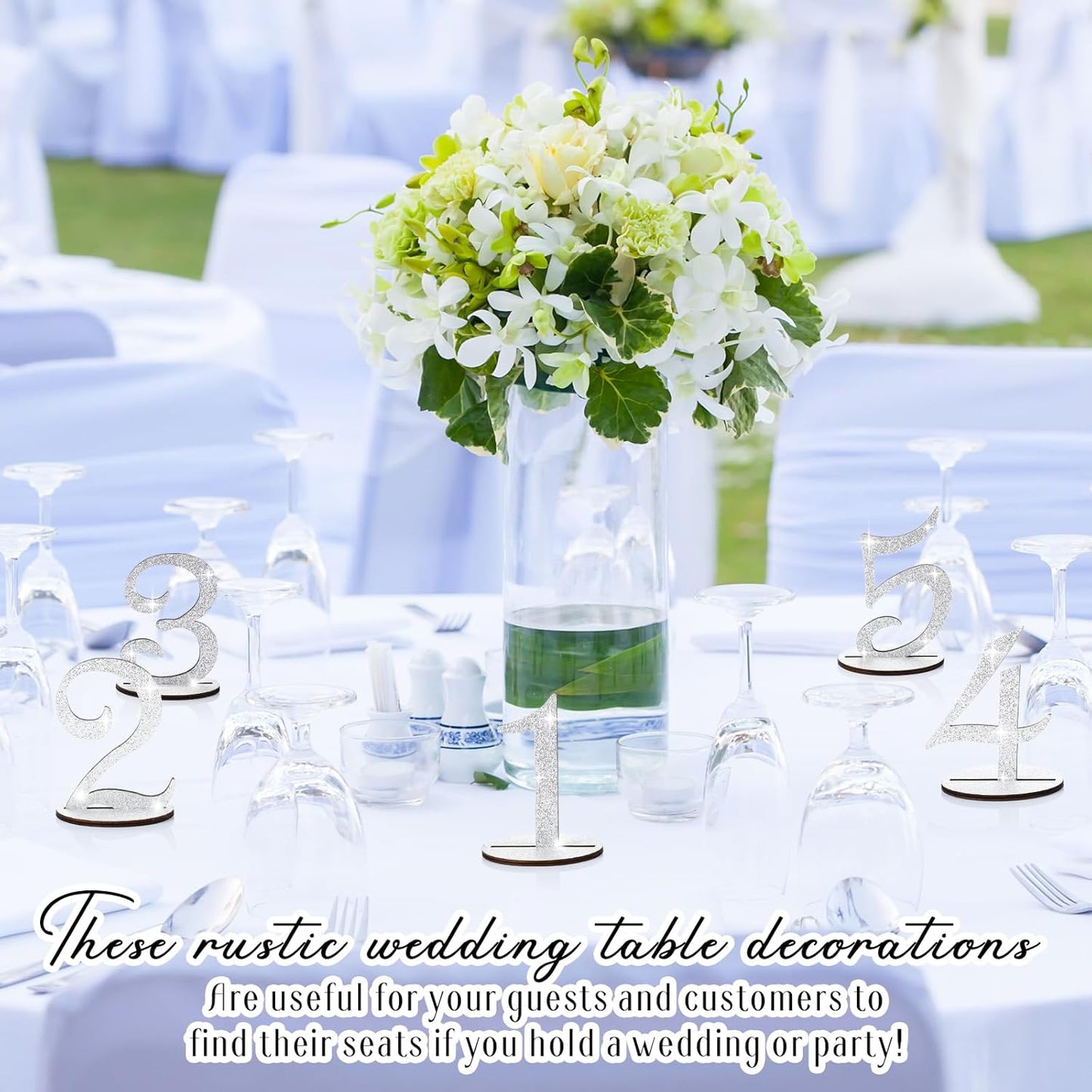 Glitter Table Numbers 1-25 Wooden Table Numbers for Wedding Reception Standing Seat Place Cards with Holder Base for Wedding Party Event Catering Receptions Banquets(Sliver)