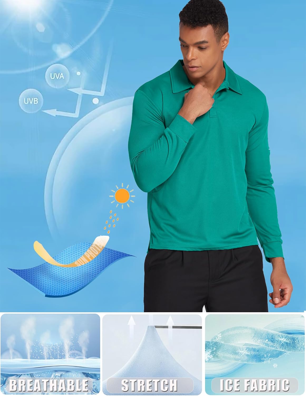 Deyeek Men's Polo Shirts Long Sleeve Golf Polo Shirts for Men Quick Dry UPF 50+ Sun Protection Polos Casual Collared Shirts