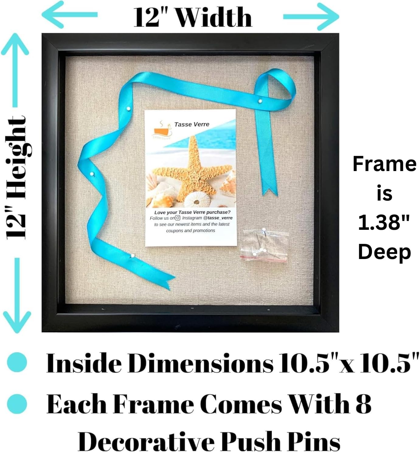 Tasse Verre 12x12 Black Display Shadow Box (2-Pack) Frame w/Linen Background and 16 Stick Pins - Ready to Hang Shadowbox Picture Frame - Box Display Baby Memorabilia Wedding