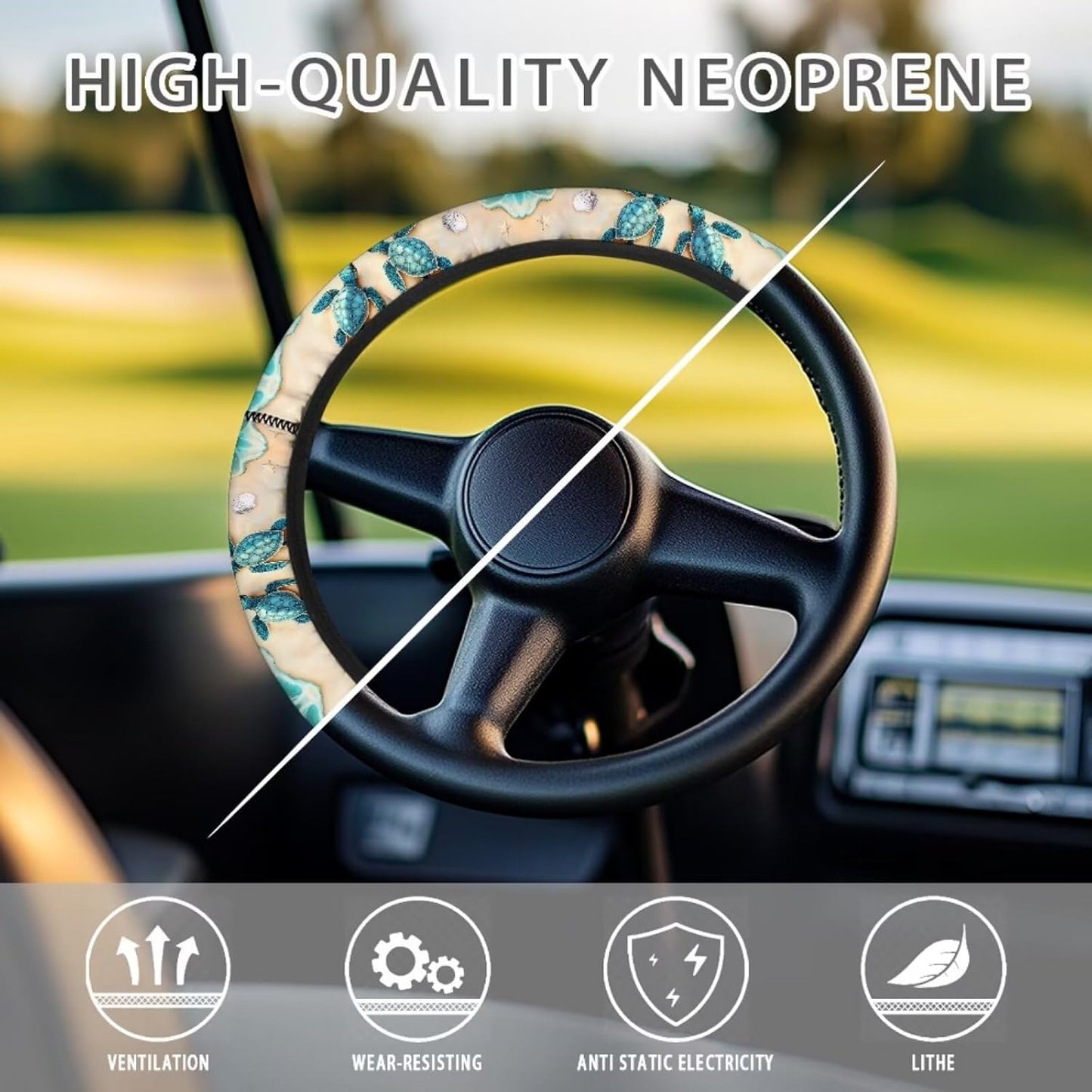 Beach Turtle Golf Cart Steering Wheel Covers Tropical 13.5 Inch Non-Slip Golf Cart Steering Wheel Covers Absorbing Sweat Universal Club Car Accessories Interior Decor