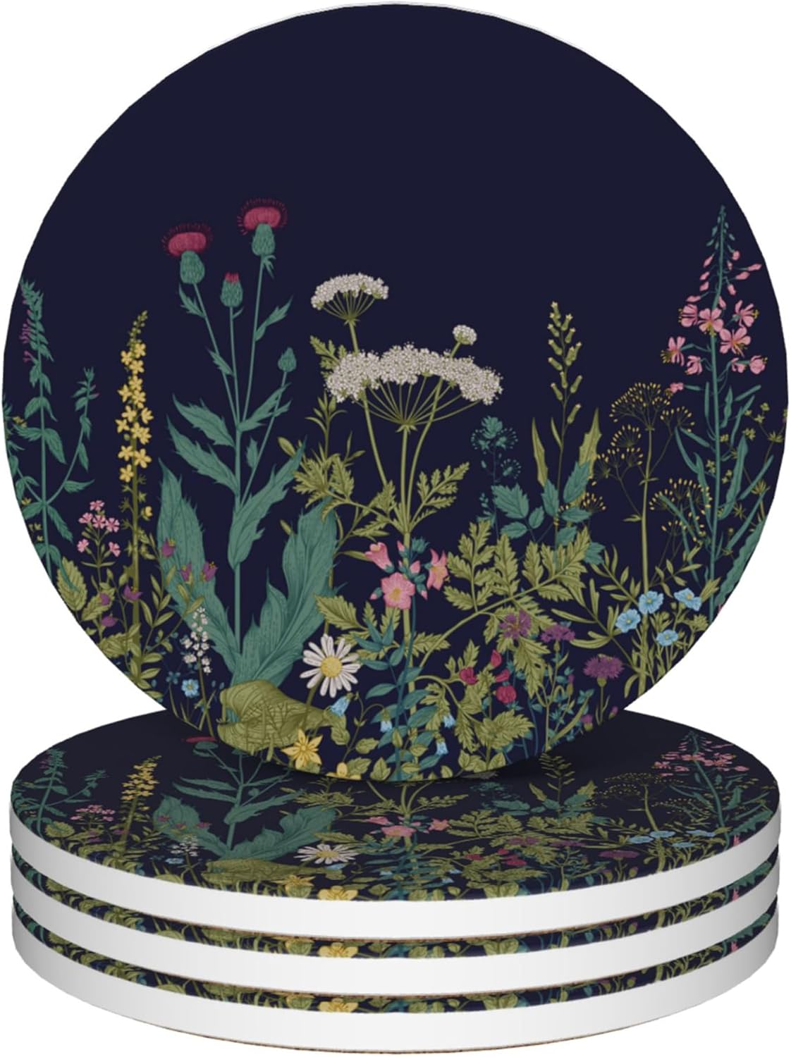 Coasters for Drinks, Set of 4 Absorbent Ceramic Coasters, Wild Flowers Herbs Botanical Design, Round Shape, Perfect for Coffee Table Protection