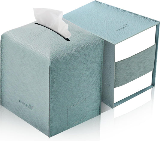 Tissue Box Cover 5X5X5'' PU Leather Tissue Holder Square Tissue Cube Box Organizer for Bathroom Vanity Countertop, Car, Night Stands, Office, Home, Kitchen (2Pack, Light Blue)