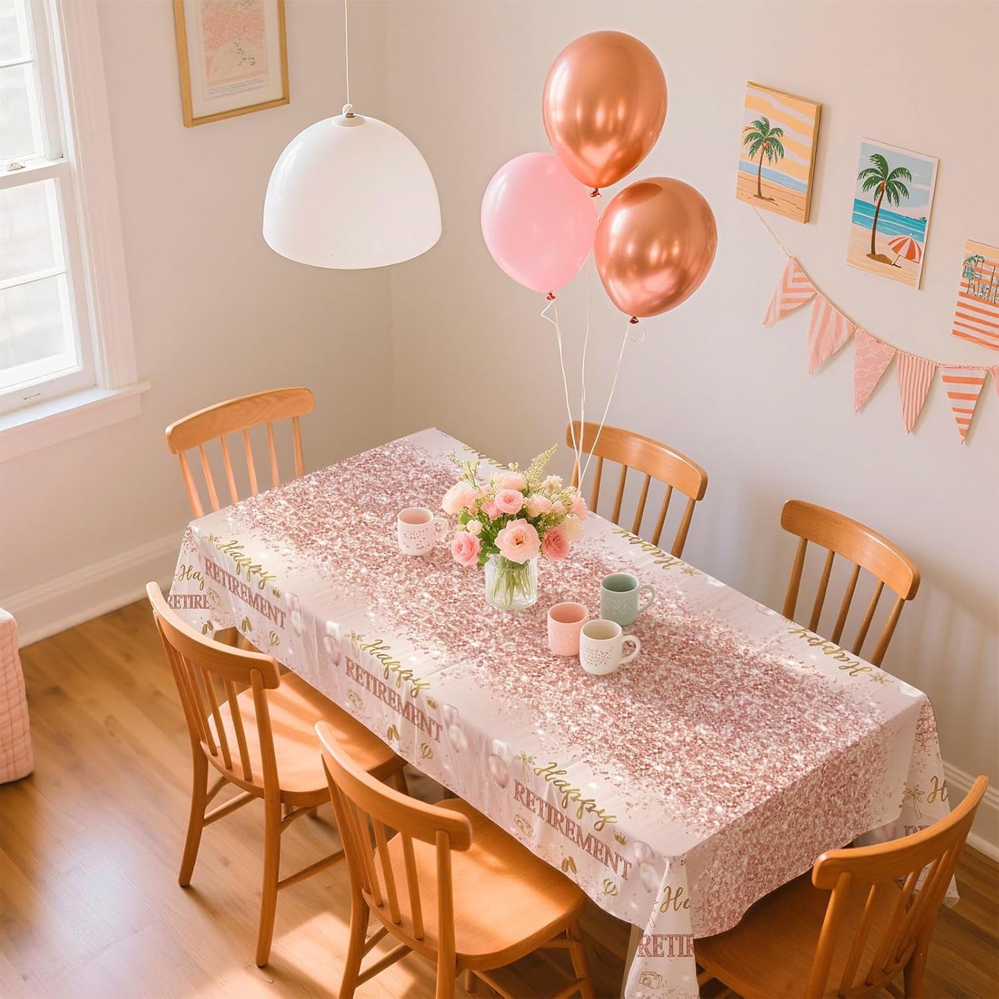 Grencian 3Pcs Rose Gold Retirement Tablecloth Pink Happy Retirement Table Cover Plastic Rectangle Women Happy Retired Table Cloth for Men Women Say Goodbye Going Away Party Supplies 54" x 108"
