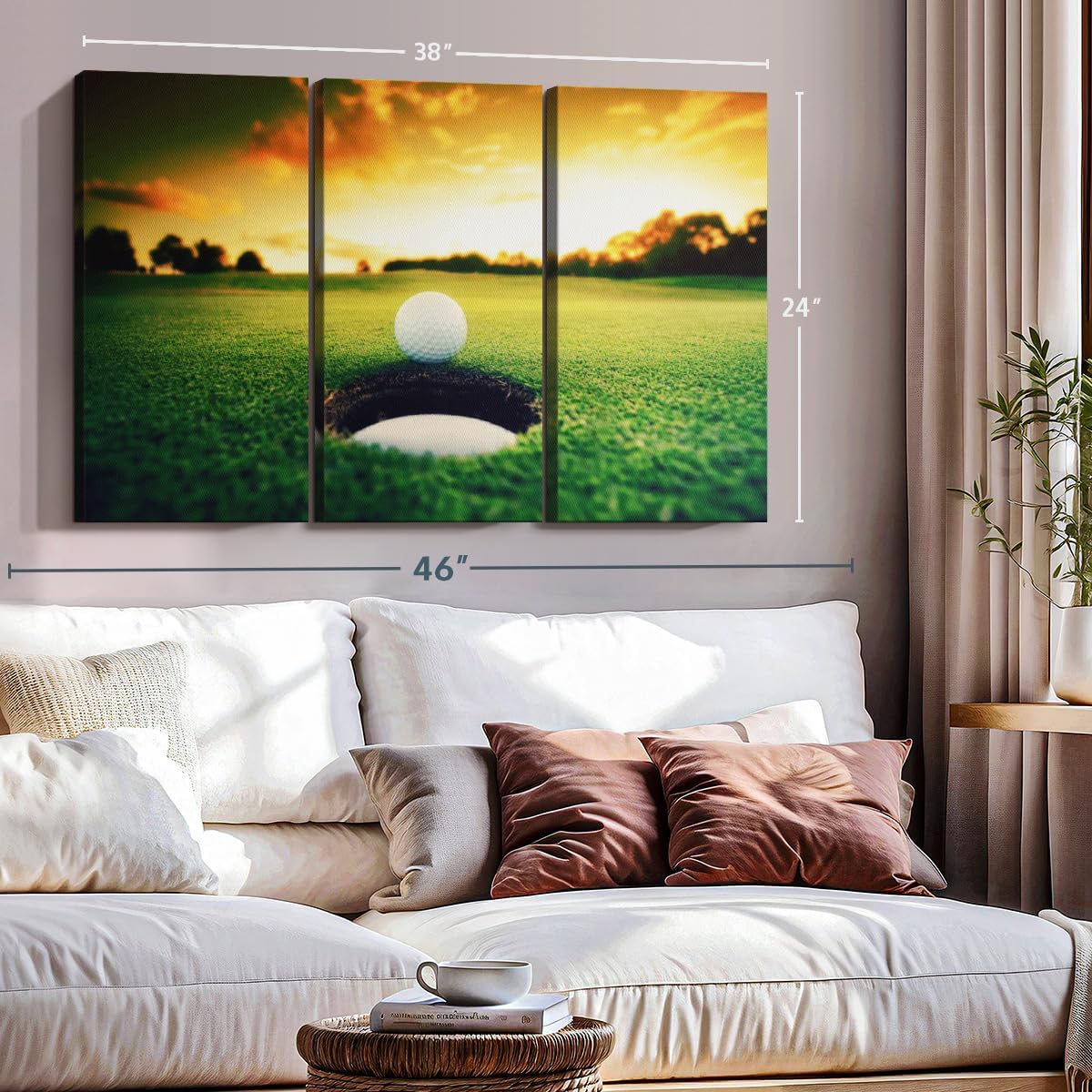 ElephantStock Golf Ball Wall Art - Horizontal Canvas - 3-Piece Living Room Wall Decor - Photography Sports Canvas Print - Orange and Yellow Decor for Wall - 38" X 24"